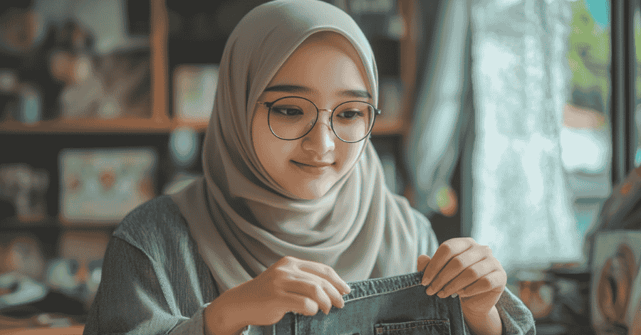 perempuan memperbaiki celana jeans