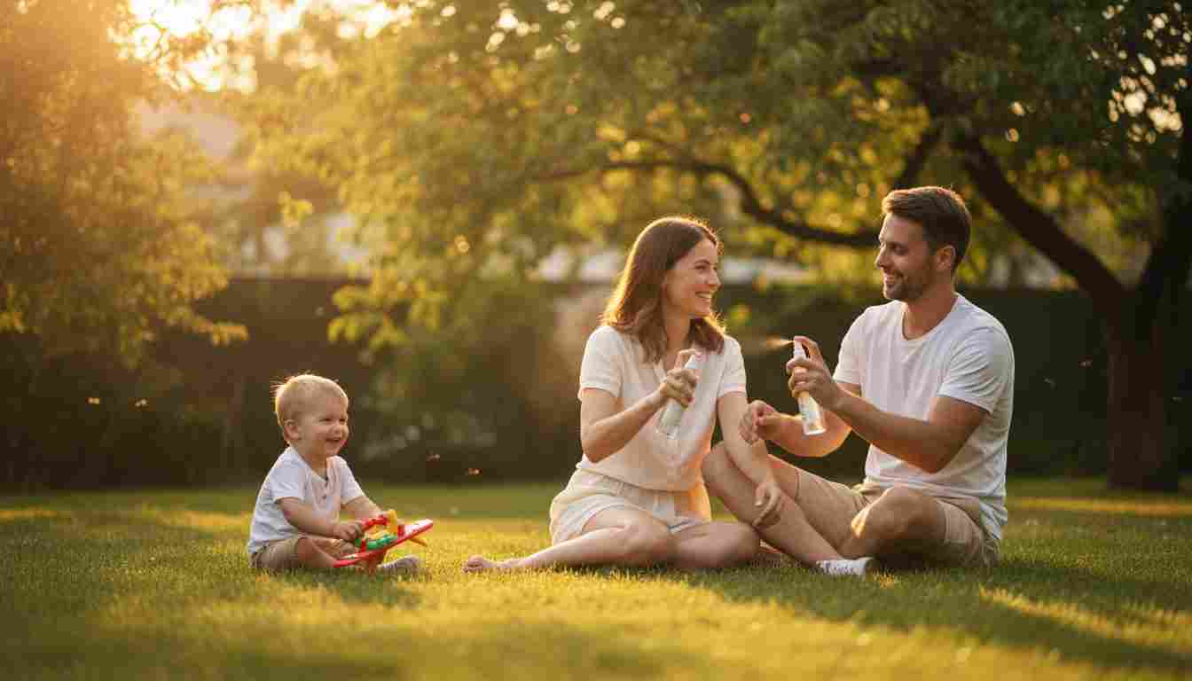 Family using best mosquito and insect repellent in the backyard at golden hour with safe bug spray on skin