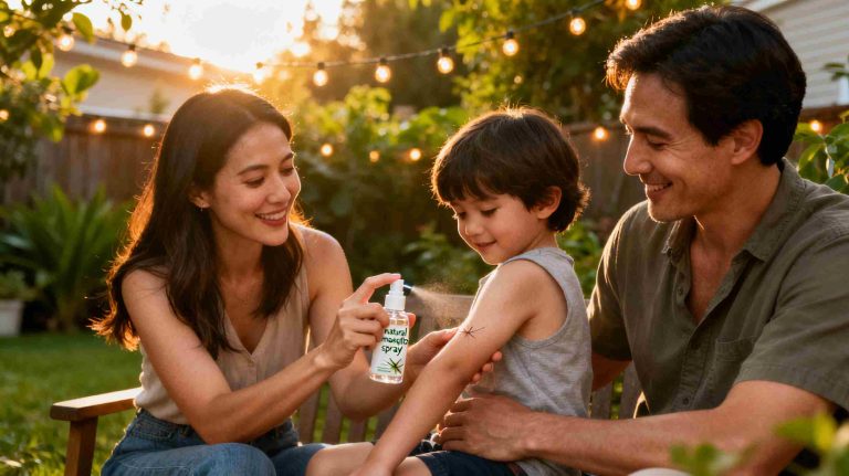 Family using natural mosquito spray