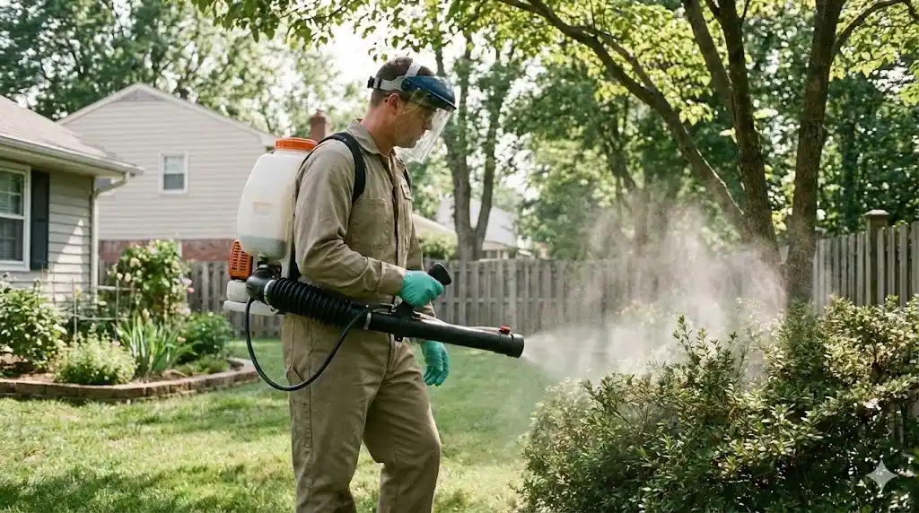Professional mosquito control technician spraying yard with eco-friendly solution