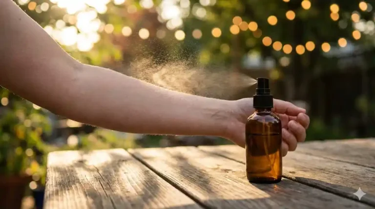 Person applying a natural mosquito repellent spray on their forearm outdoors at dusk
