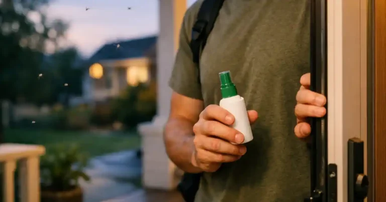 Home 4 Mosquito on human skin with insect repellent being applied for bite prevention